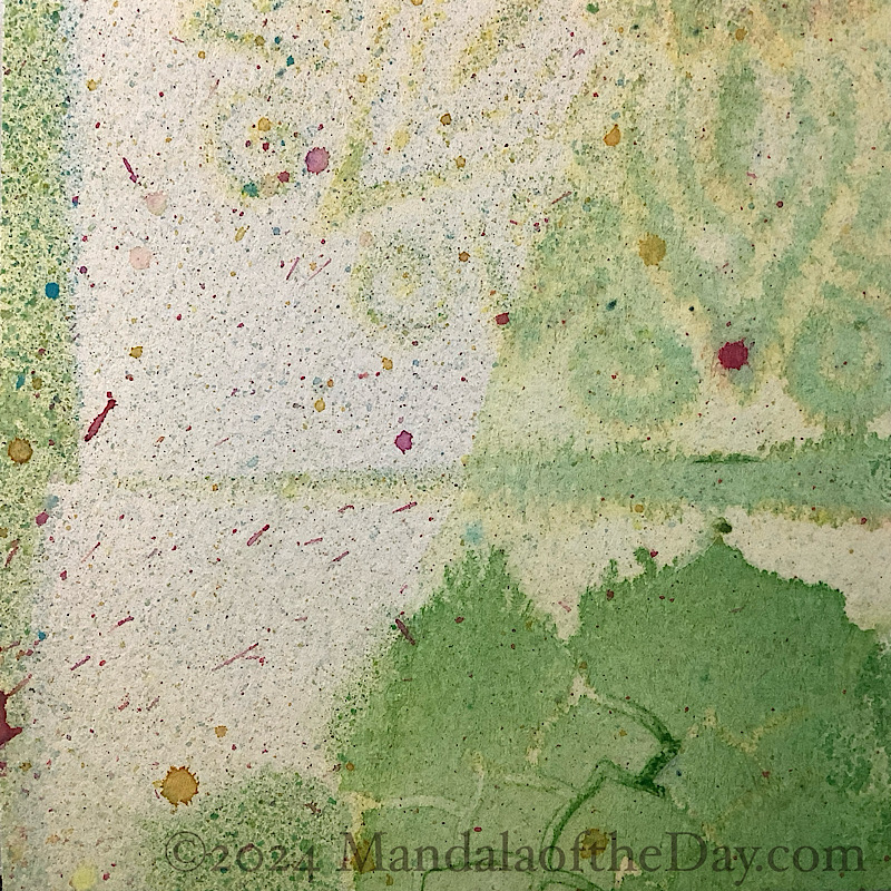 24-210 7-28-24 mellow abstract background with colors of muted spring green, cream, off-white, and tiny spatters of a variety of colors.