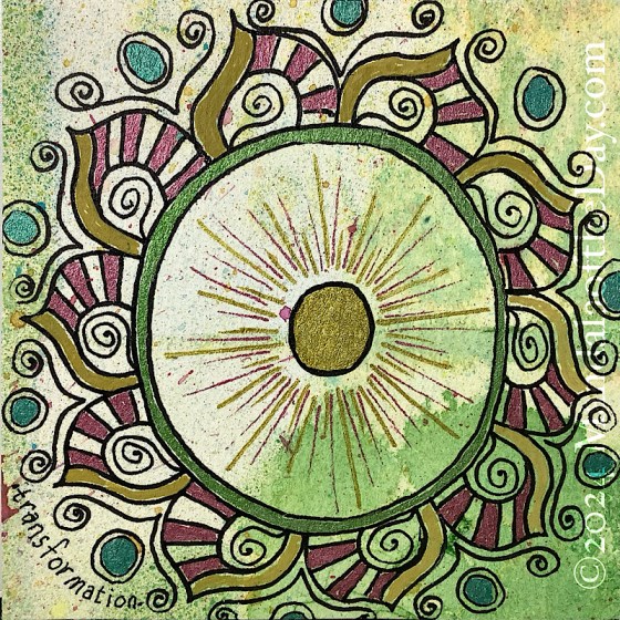 24-210 7-28-24 mellow abstract background with colors of muted spring green, cream, off-white, and tiny spatters of a variety of colors. on top in black ink is a small circle filled with gold metallic ink. a large, double-lined circle surrounds the small circle. rays of gold and magenta metallic ink radiate from the small circle up to the large circle. around the large circle are 10 lotus-styled petals. each petal has a thick line of flat gold on the left side. on the right side, stripes of magenta and blank lines. at the bottom of each petal a small spiral fills the void. Outside and in between the petals is drawn an ornate “V” with spirals at the top. within the “V” are small, double-lined circles with the center circle filled with turquoise metallic ink.