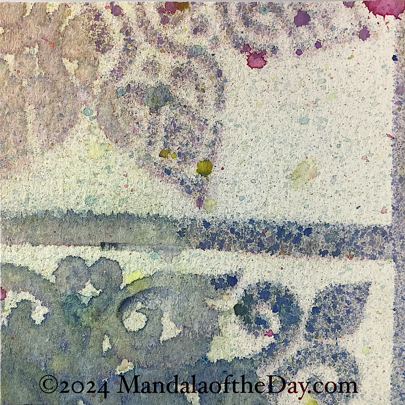 MotD 24-211 7-29-24 abstract background with partial patterns of stenciled mandalas in muted colors of warm blues and warm purples, the background was sprayed with different colors that landed as tiny dots of color on lightly tinted paper.
