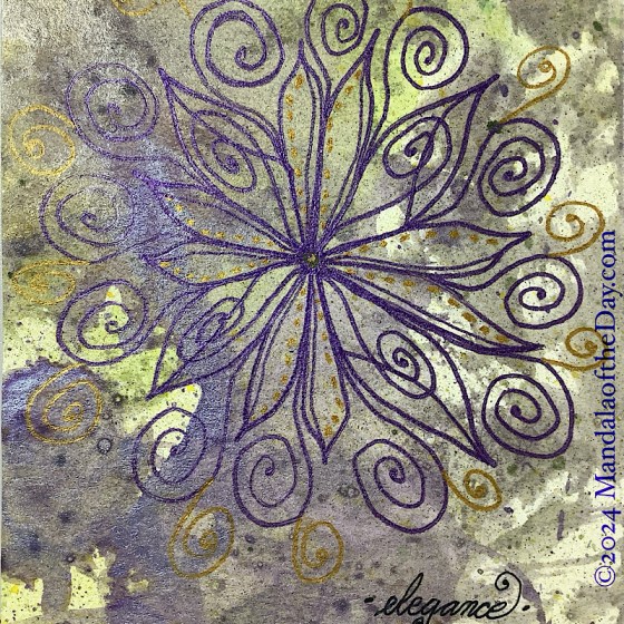 MotD 24-212 7-30-24 abstract background with colors of green and cream, with metallic purples and greens. on top with purple metallic ink is a fanciful 12-petal mandala. four petals have a spiral in them. in between the petals a spiral flows out. from each of these spirals is a gold metallic spiral.