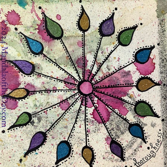 MotD 24-213 7-31-24 abstract background with colors of off-white, magenta, black, grey, and a spot of turquoise. on top in black ink is a small circle around a magenta spot in the background. 16 lines extend evenly around the circle. at the tip of each line is a flame outline. each flame is filled with one of these metallic colors: gold, blue, green, or purple. small black dots go up the left side of each line and around the left side of the flame. a bigger black dot is just about each flame.