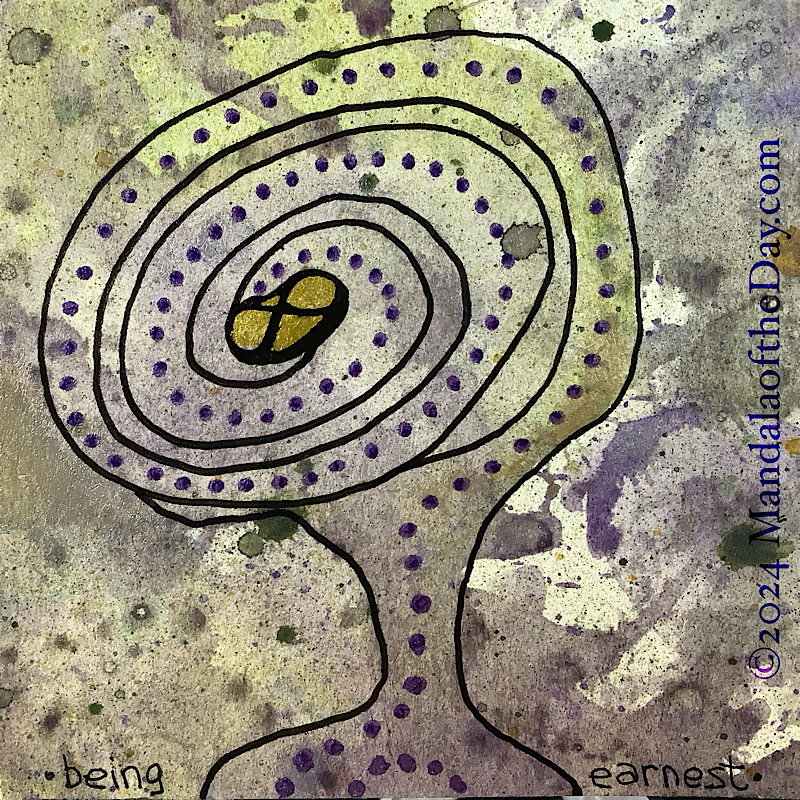 MotD 24-214 8-1-24 abstract background with muted colors of metallic greens and purples, and a speckled off-white background. on top in black ink is drawn a spiral pathway starting from bottom center going up and to the left and around 2.5 times. purple metallic dots are along the path in single file. the center is gold metallic with a black infinity symbol over it.