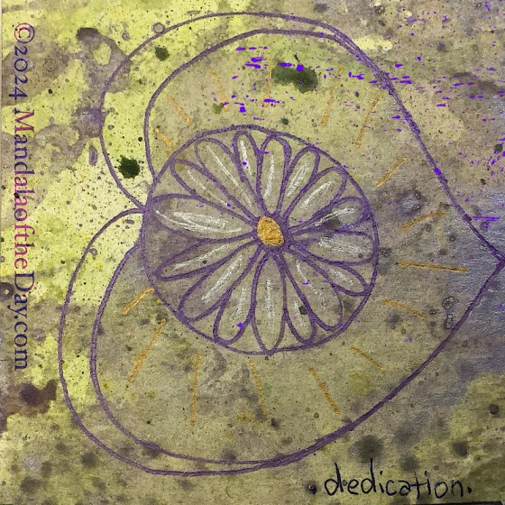 MorD 24-217 Dedication. abstract background with colors of varying shades of green with a glaze of metallic purple and green. on top in metallic purple ink is a large outline of a heart on its side, the tip pointing to the right. within the heart and close to is top, is drawn an outline of a daisy with accents of silver on it petals and gold in the center. a circle surrounds the daisy.