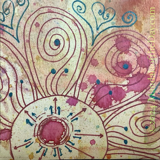 MotD 24-218 Attentiveness. abstract background with colors of off-white, cream, beige, magenta, and light salmon. on top in metallic magenta is a partial view of a large mandala with about 7 large petals. in the large center, is a smaller circle around a magenta blob from the background. arrows point outward towards each petal. Within each petal is a large spiral and to short stems. In between the petals in metallic blue are spiral hearts. The center of the petal spirals, the tops to the short stems and smaller arrows in the center circle are all metallic blue.