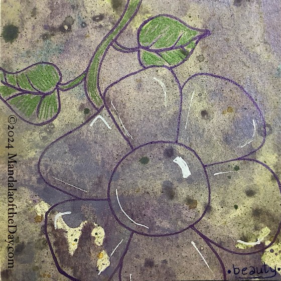 MotD 24-221 Beauty abstract background in light yellow-green with a glaze of metallic purple and metallic green. on top in metallic purple ink is a large simply drawn (almost cartoonish) flower with six petals. the curvy stem comes from on top and has two leaves, one on either side. The stem and leaves are colored in with metallic green. white ink is added to the petals and center to give the illusion that the flower is 3d and made of glass.