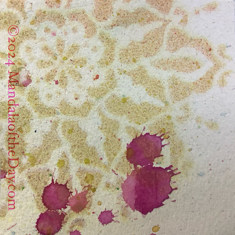 MotD 24-223 Joy abstract background with a creamy off-white background, textured pattern of a partial mandala stencil in a mix of micro dots of magenta and light green. on top are some blobs of magenta near the bottom.