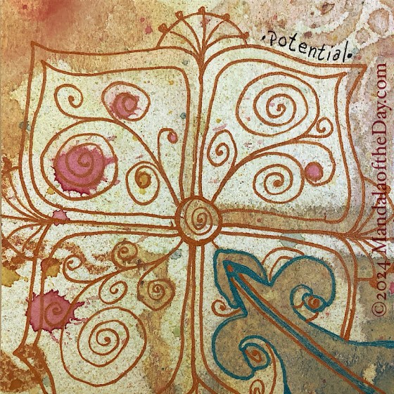 MotD 24-224 Potential — After. abstract background that looks to be divided into four squares. Colors include muted tones of yellow, green, blue, orange, brown, beige, and off-white. on top in metallic copper ink is an outline of four lotus-like petals over the four squares from the background, with in each petal are viny spirals. in the lower right square, metallic blue pen outlines a fleur de lis like shape from the background. an arrow is added inside of it pointed to the center circle.