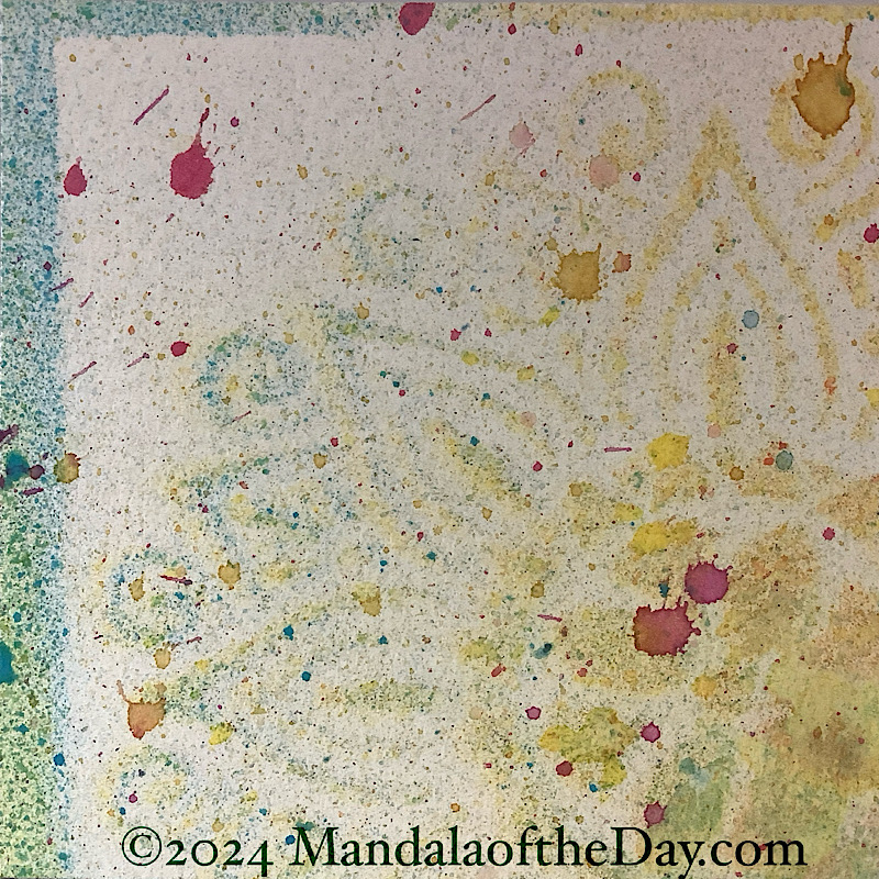 24-225 Admiration — Before. abstract textured background with colors of yellow, green, blue, beige, and off-white. There’s also a hint of an outline from a mandala stencil.