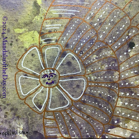 MotD 24-228 “Optimism” — After. Abstract background of pale and lime green with a glaze of metallic purple and green. on top in metallic copper ink is a simple 7-petal flower design with white inner outline in petals. The center has a face using metallic purple ink. around the right side of the mandala are multiple rows of petals. each petal has three vertical lines in the petal with a row of white dots in between the lines.At the top and the bottom of the flower mandala is a petal with horizontal copper and white lines.