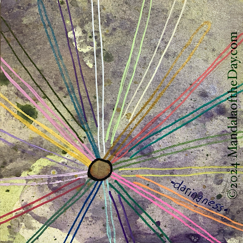 MotD 24-229 “Daringness” — after. Abstract background of pale green with a glaze of metallic purple and green. on top in black ink is an outline of a small circle around a gold blob from the background. Surrounding the circle and jutting out in all directions are long, narrow “petals” that mostly reach off the paper; each one in a different color.