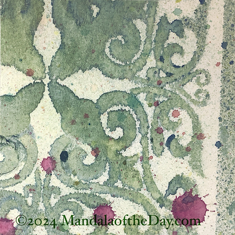 MotD 24-235 Self-Discipline — Before. abstract background with textured off-white and microdots of muted colors. overlayed is a partial, watercolored stenciled mandala in muted shades of warm greens and a few splats of magenta.