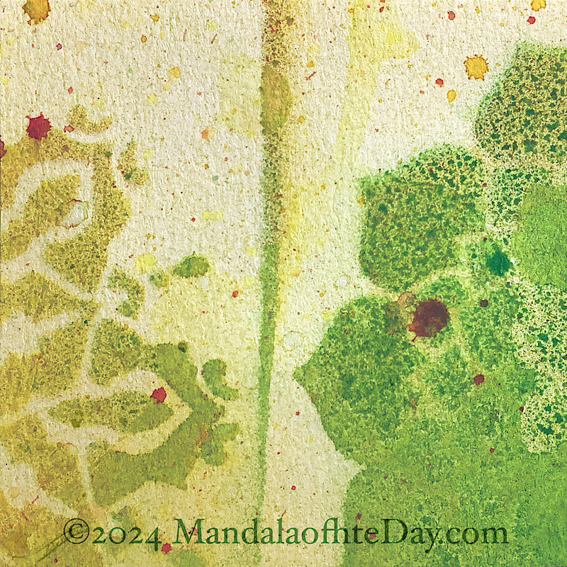 MotD 24-238 Liberty — Before. Abstract background of micro-textured creamy yellow colors with two partial mandala stenciled images…one on the left, one on the right. the left one is textured with yellow and green colors. the right one is mostly textured green.
