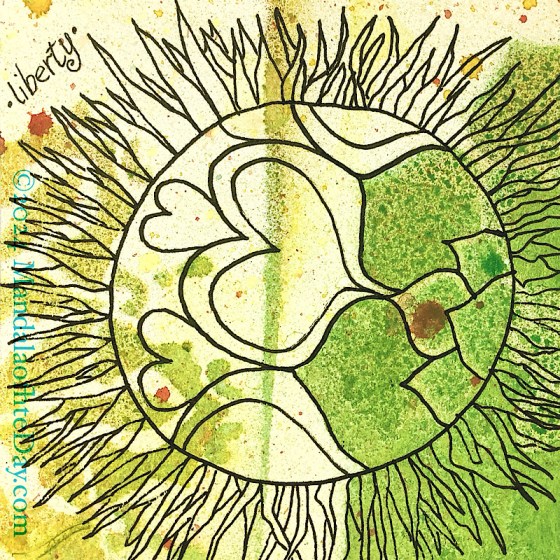 MotD 24-238 Liberty — After. Abstract background of micro-textured creamy yellow colors with two partial mandala stenciled images…one on the left, one on the right. the left one is textured with yellow and green colors. the right one is mostly textured green. on top in black ink is a large circle in the center. all around the outer edge are lots of spiky shapes like kelp. on the inside, the portion of the stenciled mandala that’s in the circle on the right is outlined with black ink. to the left of it, some hearts and partial hearts are drawn as if part of the stenciled mandala design.