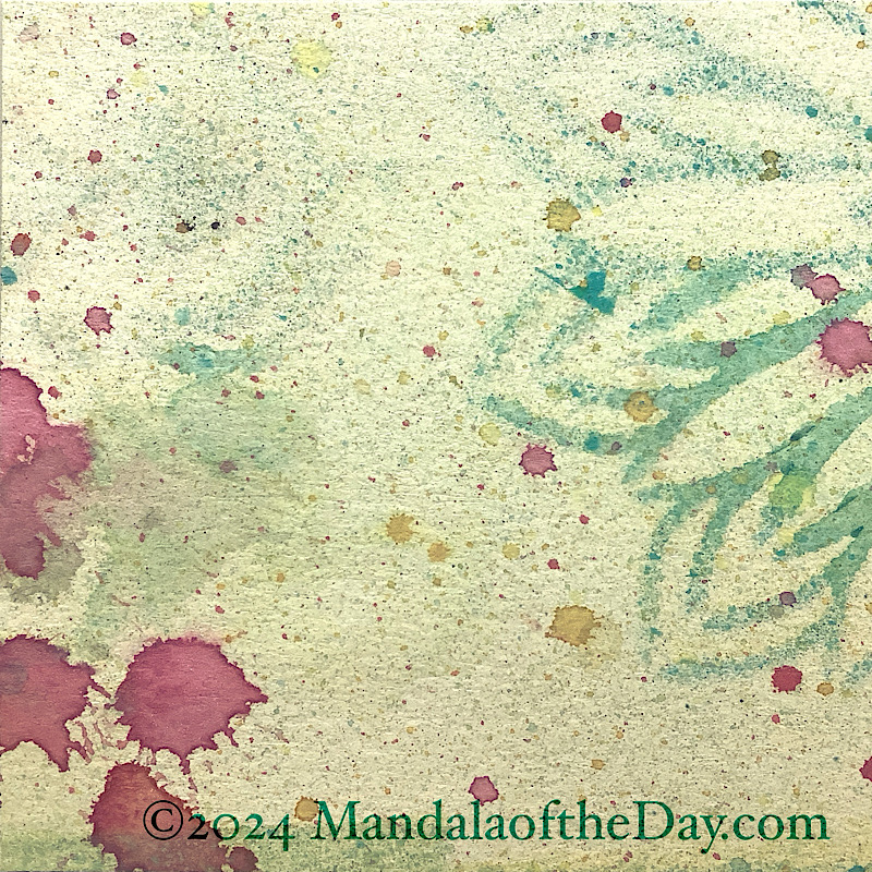 MotD 24-240 Inner Harmony — Before. abstract background of pale yellow with micro-dots of different colors. on top is a partial mandala stencil in pale teal. also splatters of magenta and mustard yellow.