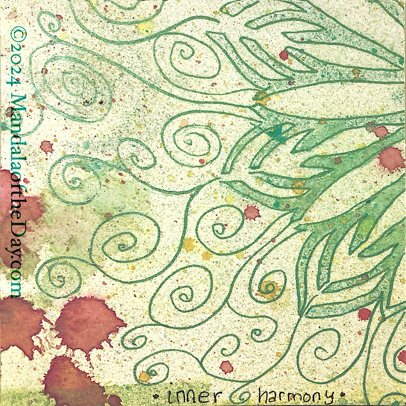 MotD 24-240 Inner Harmony — After. abstract background of pale yellow with micro-dots of different colors. on top is a partial mandala stencil in pale teal. also splatters of magenta and mustard yellow. on top in metallic teal ink are spirals coming out of the stenciled mandala, which is now outlined with the same ink.