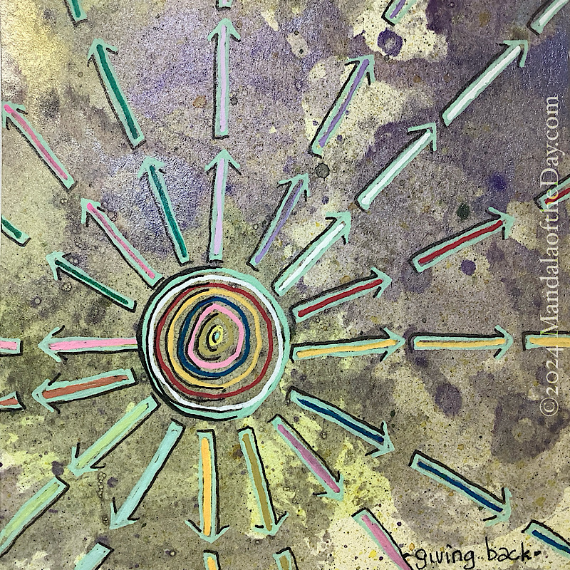 MotD 24-244 Giving Back — Before. Abstract textured background in variations of light green. on top is a glaze of metallic purple and green ink. on top in pale green ink is a circle to the left a bit and down a bit. radiation out from it are rows of 16 arrows in all directions. each line of arrows has a different stripe of color going down the middle of it. with the circle are concentric circles using some of the same colors from the arrows.
