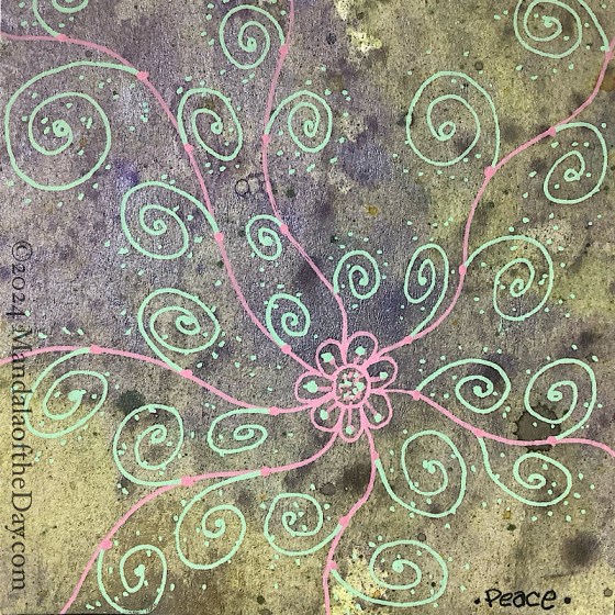 MotD 24-248 Peace — After. textured abstract background with glazes of metallic purple and green. on top in pink ink is a small flower-like mandala with 7 petals. Wavy lines protrude outward to the edges from between the petals. light green spirals grow out of the wavy lines.