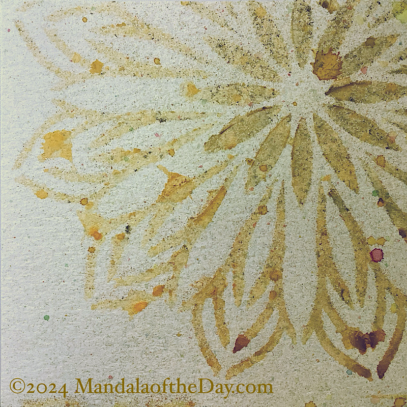 MotD 24-250 Diversity — Before. abstract textured background with microdots of colors. stenciled on top is a partial mandala in pale oranges, browns, and sepia…the center of the stenciled mandala is up and to the right.
