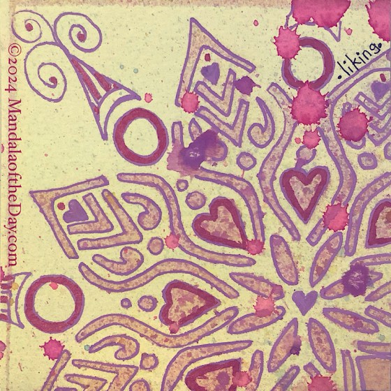 MotD 24-251 Liking — After. abstract background of pale yellow with micro dots of other colors. on top in texture colors of muted maroon, yellows, and purples, is a partial stenciled mandala with its center down and to the right. on top lilac ink is used to outline the stenciled mandala as well as add some design details around the out layer. metallic maroon is used to in-line the hearts and the out rings.