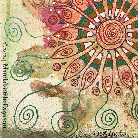 MotD 24-255 Usefulness — After. textured abstract background of pale yellow with multi-color microdots of colors. in the upper right corner down to the center is a not-so-clearly-defined stenciled mandala with colors of peach, brown, muted dark greens, and blobs of magenta. on top, a warm red is used to outline the stenciled mandala. the center circle has a spiral in red with white dots. each of the bullet-shaped petals have a spiral coming down from its tip and a stripe of metallic green, gold, and white. from the tips of each petal are long spirals with white dot centers. in between the petals are small circles with a spiral center.