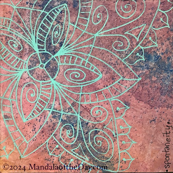 MotD 24-258 Spontaneity — After. textured abstract background of muted magenta and indigo blue. on top in light cyan ink is a four “petal” mandala. each petal has a spiral in it. in between these petals are another row of four petals with three spirals in each and 8 lotus-like petals around the outside. it has a modern feel to it.