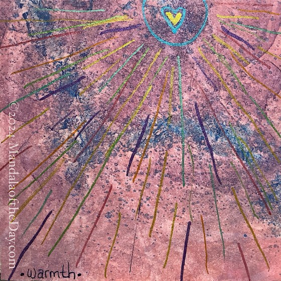 MotM 24-263 Warmth — after. textured abstract background with muted pinks and purples, and smatterings for light-to-indigo blues. on top using blue metallic ink is a circle at the top towards the right. inside is an outline of a small heart filled in with metallic gold. radiating from the circle in all directions are “rays” of metallic colors: gold, copper, magenta, teal, purple, and green.