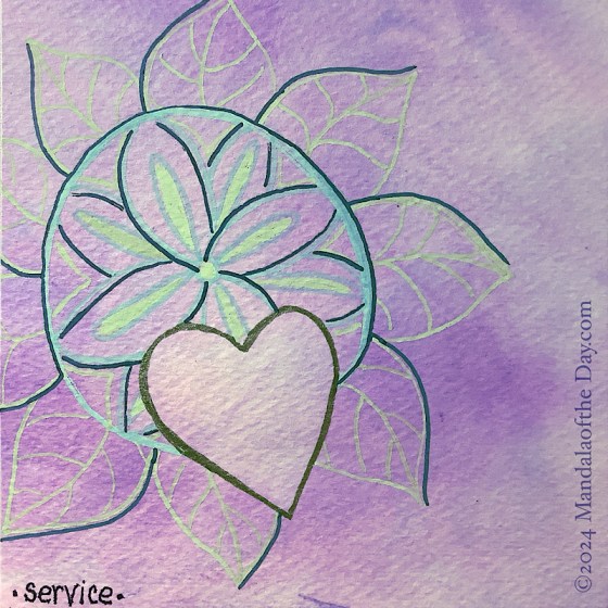 MotD 24-265 Service — After. soft blended background with colors of light pink, lilac, and white. on top, green metallic ink was used to outline the heart shape found in the background. mint green was used to draw the flower-petal mandala that’s partially behind the heart with light green centers in the petals. outside the mandala in light green are the outlines of 9 petals with a darker green shadow line on the left side of each petal. The darker green also outline the mint colored circle and the petals inside the circle.