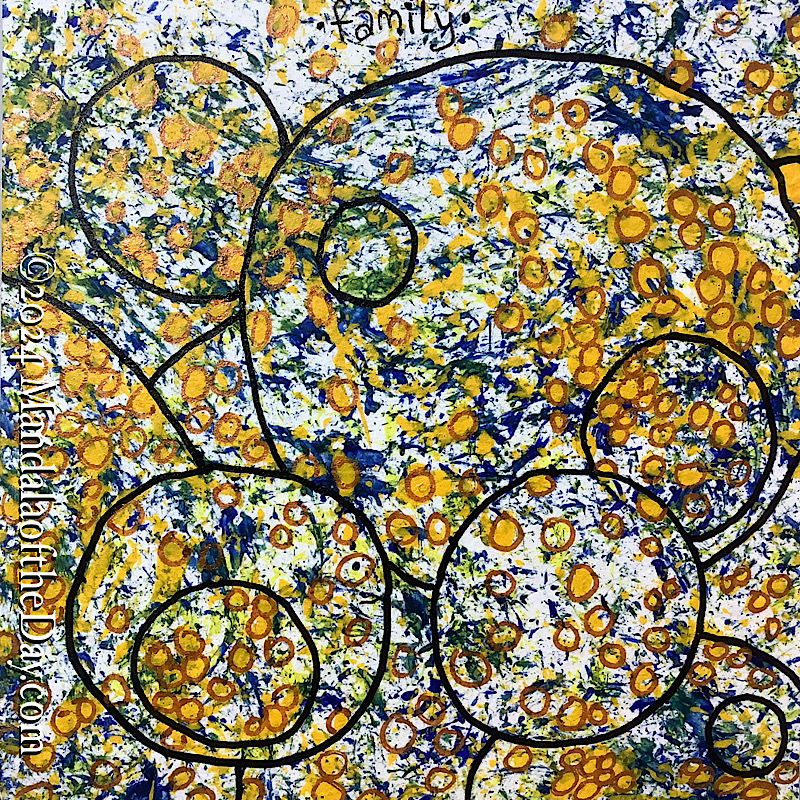 MotD 24-266 Family — after. busy abstract background of white, indigo, olive green, and yellow. on top in black ink are outlines of circles in varying sizes and varying placements, some in front, some behind. many of the tiny yellow “blobs” are outlined in copper.