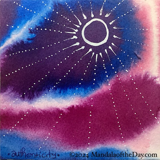 MotD 24-270 Authenticity — after. abstract background with large bold blobs of blue, purple, and red with shades of pink, light blue, and white. on top in white ink is an outline of a small circle to the upper center. radiating outward, all around the circle are rays of white dots, out to the paper’s edges.
