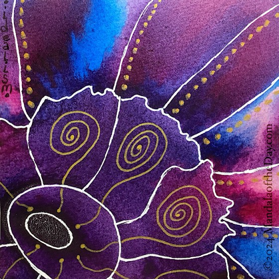 MotD 24-274 Idealism — after. bold abstract background with colors of red, pink, purple, blue, and white. on top in white ink is drawn an oval outline around an oval of black and white from the background. Another larger oval is drawn around that based on the bigger oval in the background. from there large, loosely drawn petal outlines follow the pattern in the background. Lines of white protrude out of the petals, following the background pattern out to the paper’s edge. within the petals are drawn metallic gold spirals whose beginnings start in the larger center oval. along one side of the protruding lines from the petals are a row of gold dots.