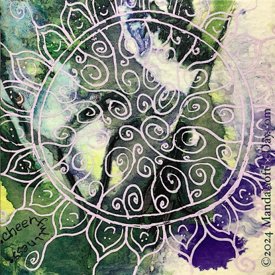 MotD 24-275 Cheerfulness — after. bold abstract background with bold colors of greens, purples, and light muted colors of yellow, blue, pink, and white. On top in light purple ink is a large circle with lotus-like petals all around the outside. within each petal is a smiley face. within the circle are spirals that stem down from the petals