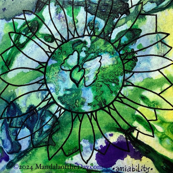 MotD 24-279 Amiability — after. bold abstract background with colors of greens, blues, purples, yellow, and white. on top in black ink is a large outlined circle with a row of daisy-like petals. in between the petals, giving the illusion that they are behind the petals is an implied diamond shape. in the center of the circle, a heart shape in the background is outlined in black with an outline of wings that are in the background.