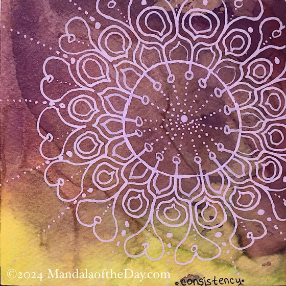MotD 24-285 Consistency — after. bold abstract background with muted colors of purple, brown, beige, and bright yellow. on top in lilac ink is a large mandala design with a consistent pattern on each of the 4 rows…three rows outside the circle and one row inside the circle.
