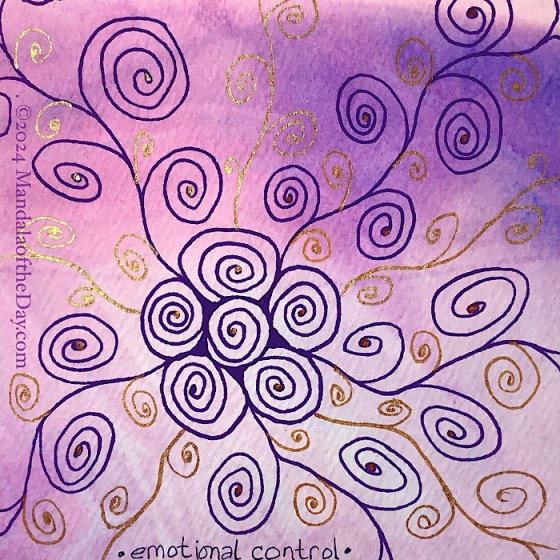 MotD 24-294 Emotional Control — before. soft abstract background with colors of blue, pink, purple, and white. on top in purple ink is a five petal flower-like mandala. the center and petals have a spiral in them. radiation out from between the petals to the paper’s edge are wavy lines with spiral on either side. radiating out from the petal tops are gold wavy lines with spirals. small gold spirals are also on the purple lines. each spiral as a gold dot in its center.