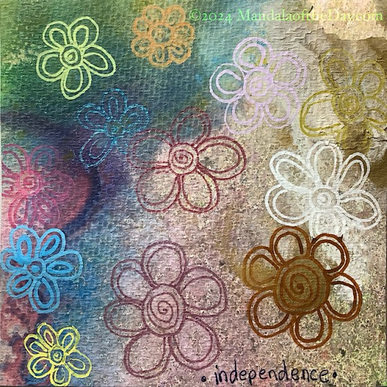 MotD 24-297 Independence — after. textured abstract background with colors of green, beige, pink, blue, purple, white, and gold. on top in different colors are simple-looking flower-like mandala with either 5, 6, or 7 petals. Each flower as a spiral in the center.