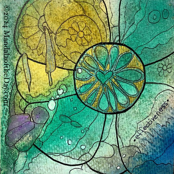 MotD 24-300 Effectiveness — after. textured abstract background in varying colors of yellow, gold, green, blue, purple, and white. on top in black ink is a simple yet large mandala with a metallic gold center and with a small heart drawn in the middle and daisy-like petals around the heart. Around the center are 8 large petals with some form of detail in it that correlates to what’s part of the background.
