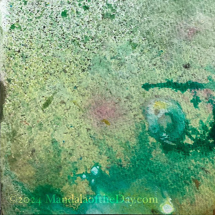 MotD 24-301 Dualism — before. textured abstract background with varying colors of green, yellow, white, and a dab of pink.