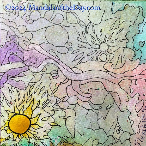 MotD 24-306 Flexibility — after. flow-y abstract background with mostly pastel colors of purple, pink, teal, beige, white, and grey; it also has a bright blob of golden yellow. on top in black ink, a circle is drawn around the golden yellow blob and around shapes that look like flames coming out of the “sun”. with a thinner line of black ink, lines are drawn around different colors…some of the shapes are bolder in color, while most are very subtle. It has a surreal quality about it.