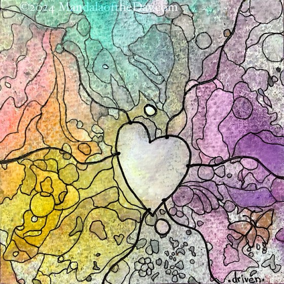 MotD 24-307 Driven — after. textured abstract background with pastel colors of pink, peach, yellow, teal, purple, and white. on top in black ink is an outline of a heart using the white blob in the background center that is shaped like a heart. outside the heart, wavy black lines were used to divide the background into 6 sections…correlation mostly with the background colors. within each section a thinner black lines were used to outline the different variations in colors.