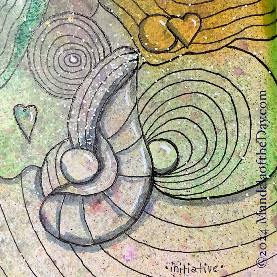 MotD 24-321 Initiative — after. textured abstract background with pastel colors of yellow, green, purple, green, grey, white, and warm yellow. on top in black ink are outlines of various sections of the background based on colors. some of the symbols: hearts, circles, arcs, concentric circles, wavy lines