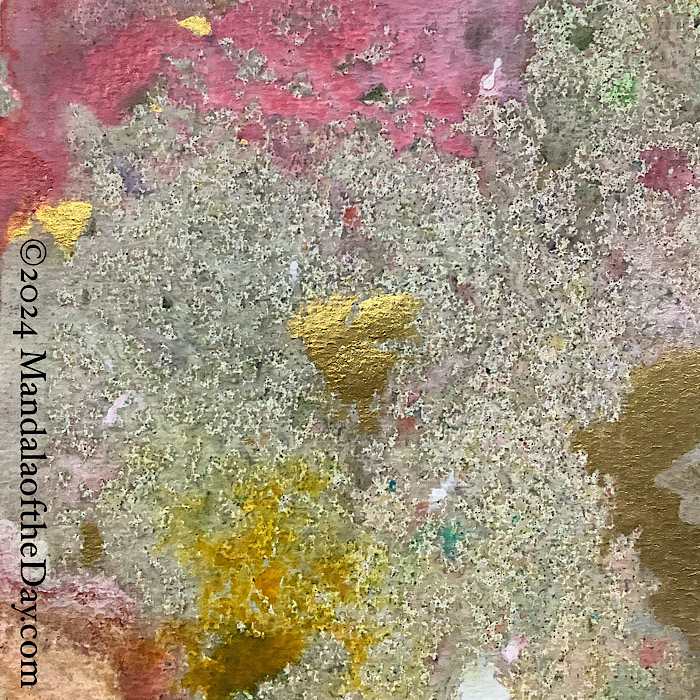 MotD 24-323 Caring — before. textured abstract background with colors of pink, metallic gold, grey, beige, white, and spots of green.