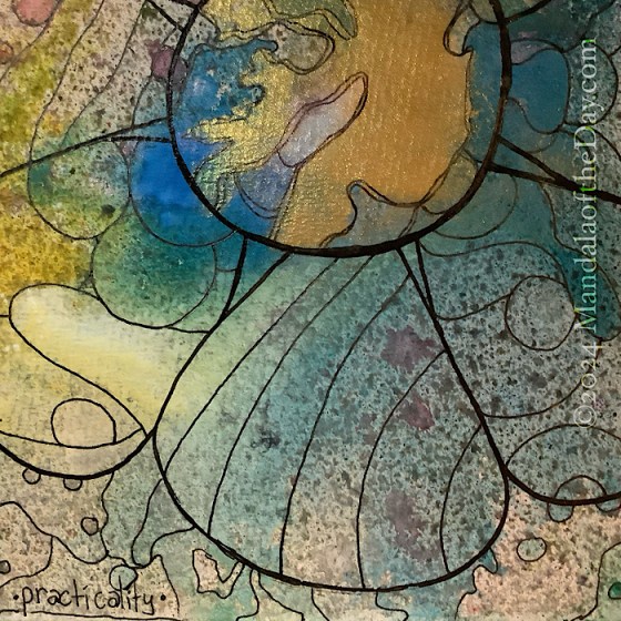 MotD 24-324 Practicality — after. textured abstract background with muted colors of blue, beige, peach, blue, and bolder colors of white, yellow, blue, and gold. on top in black ink is an outline of a flower-like mandala that is partially on the paper. The center is in the center at the top of the paper. each petal has different outlined areas. the center outlines a large metallic gold ‘blob’.