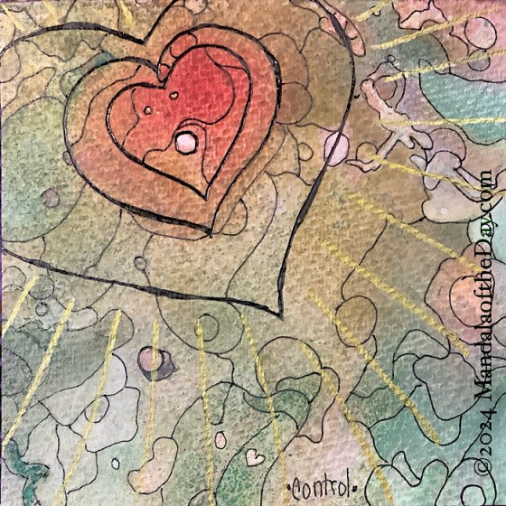 MotD 24-326 Control — after. textured abstract background with muted tones of sepia, green, yellow, peach, beige, off-white, and grey…with a bold blob of red and a white dot. on top in black ink…outlined three concentric hearts around and beyond the red blob. circled the white dot in the center dot. the rest of the piece is completed with thinner lines outlining the different shades of colors throughout…including within the hearts. metallic gold rays radiate out from the outermost heart to the paper’s edges.