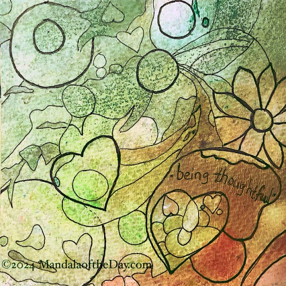 MotD 24-337 Being Thoughtful — after. textured abstract background with warm colors of yellow, green, reddish-orange, brown, metallic gold, pink, and white. on top in black ink are a variety of outlined shapes based on the colors in the background. some of the shapes include circles, hearts, and a simple flower.