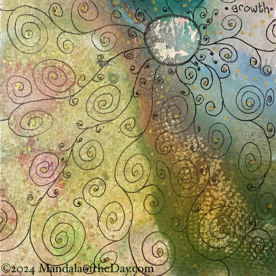 MotD 24-347 Growth — after. textured background with colors of brown, light green, dark green, beige, light pink, light blue, cream, and off-white. on top in black ink is an outline of a circle based on a white-ish blob at the top near the middle. from this circle are wavy lines with spirals…giving the impression of growing ivy.