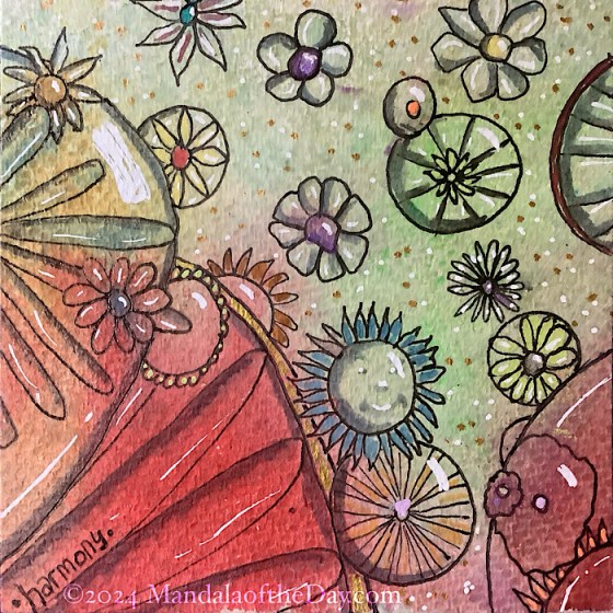 MotD 24-348 Harmony — after. textured abstract background with colors of bold red, bright green, purple, dark green, light green, orange, and off-white. on top in black ink are outlines of a variety of flower-like mandalas, in varying sizes…some in front, some behind. they’re all floating around each other in harmony.