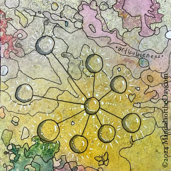 MotD 24-239 Articulateness — after. textured abstract background with mostly varying colors of yellow with some green, pink, grey, and off-white. on top in black ink is a small circle, somewhat in the center, with 8 other circles at the end of different lengths of lines radiating out from the center circle. All of the circles give the impression of being glass orbs and have short white rays around each of the outer circles.the background is lightly outlined around the different blobs of colors.