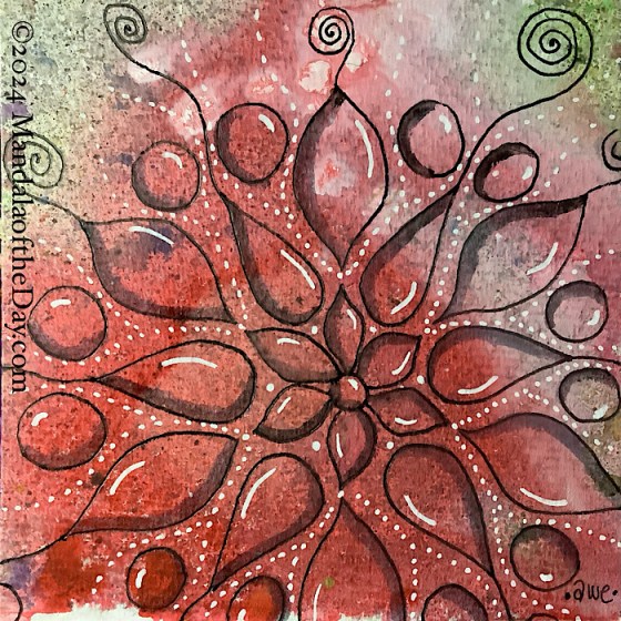 MotD 24-351 Awe — after. textured abstract background with bold colors of red, some pink, some white, a bit of light green, and grey. on top in black ink is an outline of a 6 petal flower in the center (sort of). around it are three rows of three different shapes…none of them touching: tear drop, ovoid, and circles. white dots go in between these rows outward. all the shapes are shaded and highlighted to give them dimension