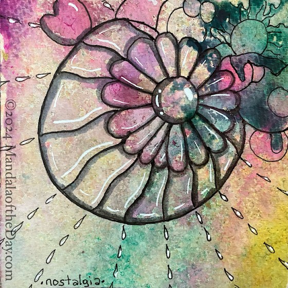MotD 24-353 Nostalgia — after. textured abstract background with bold colors of pink, purple, green, and yellow along with pale cream, off-white, and light grey. on top outlined in black ink is a multi-petalled flower-like mandala, towards the upper right, with a bubble-like structure behind that’s bigger and to the lower right. white teardrop shapes radiate from it.