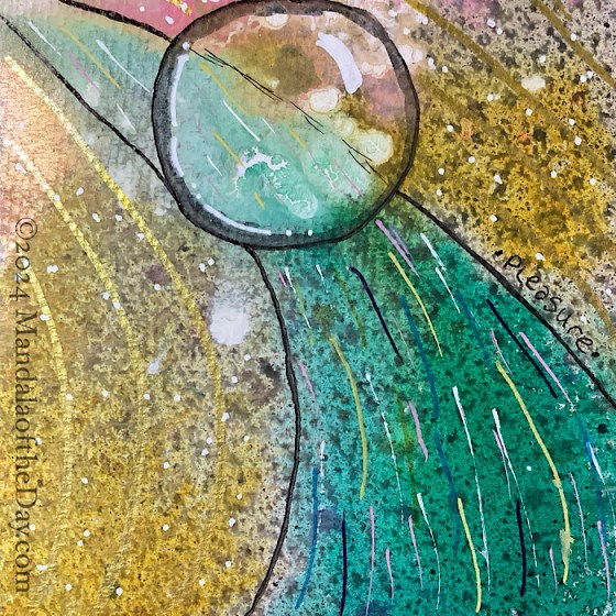 MotD 24-354 Pleasure — after. textured abstract background with bold colors of emerald green, golden yellow, mint green, pink, beige, and white…with leopard-like spots of pale purple throughout. on top in black ink is an outline of a glass bubble seeming to be hovering over a stream of energy that runs from the upper left diagonally down to the lower right…as if closely inspecting the stream